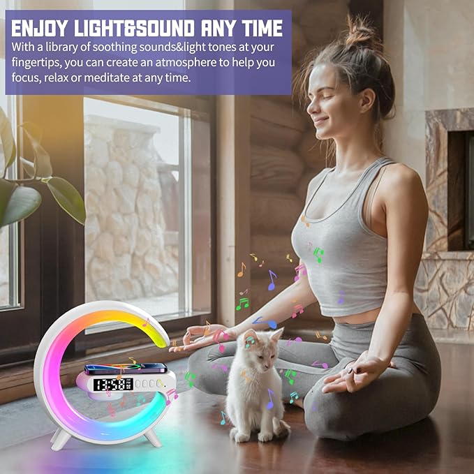 Mini LED Table Lamp with 4-in-1 Wireless Charger, Night Light, Sunrise Alarm Clock, Bluetooth Speaker, Smart Atmosphere Table Lamp for Bedroom, Office, Home Decor (White)