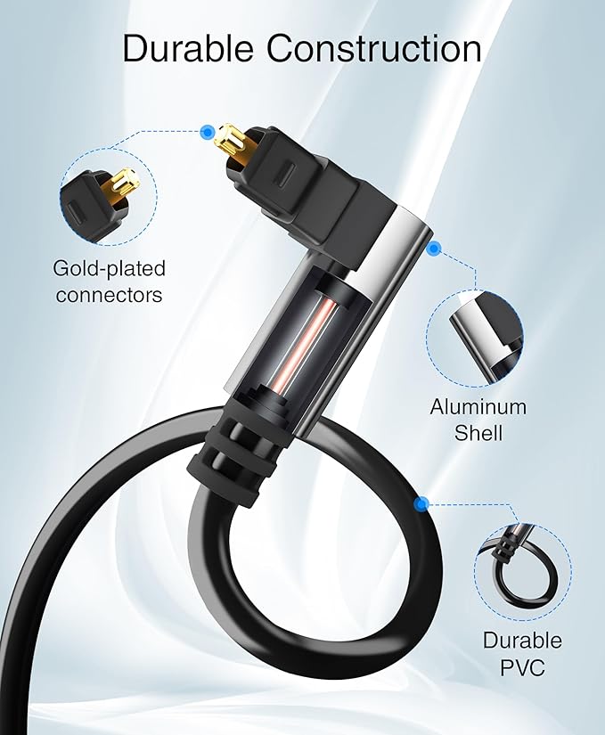 BlueRigger Optical Audio Toslink Cable - 10FT (90 Degrees Optical Cable for Soundbar, 360 Degree Rotatable Right Angle, S/PDIF Digital Toslink) - Fiber Optic Compatible with HDTV, Game Console, DVR
