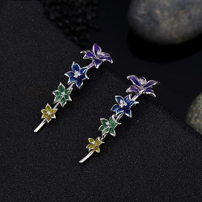 Santuzza 925 Sterling Silver Enamel Flower Ear Cuffs Climber Earrings for Women