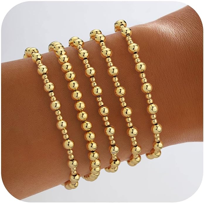 Howoo Gold Bracelets for Women Beaded Initial Bracelet Stack Dainty Heart Stretch Gold Charm Bracelet Jewelry for Women Trendy