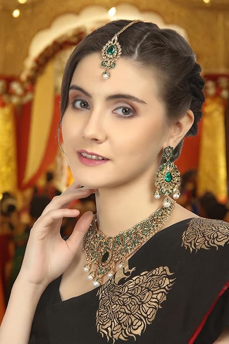 Touchstone Indian jewelry sets for women tikka wedding necklace costume guest statement bollywood rhinestones crystal faux pearls gold big royal neck piece set bridal fashion accessories