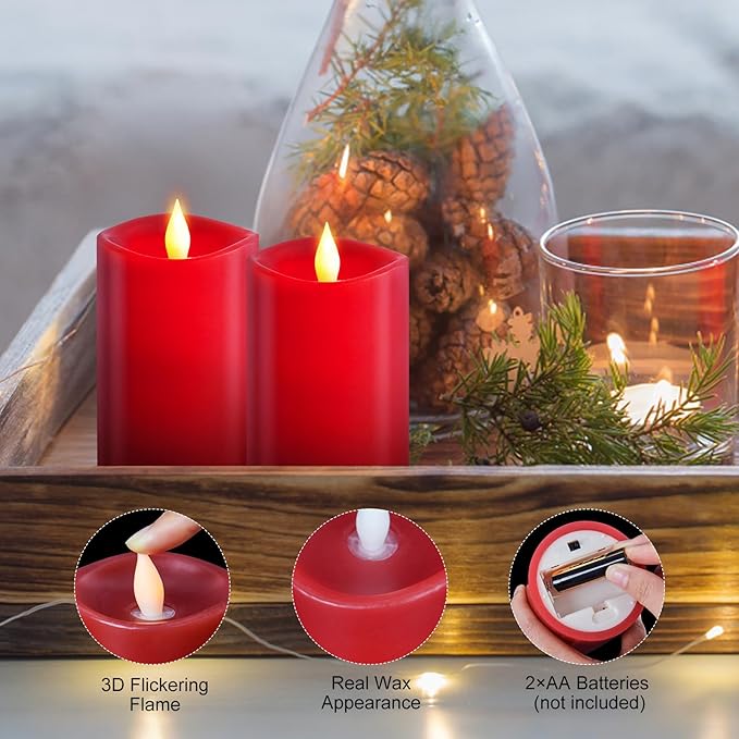 2PCS, 3 x 5 inches Flameless Candle with Remote Control, 3D Flickering Wick, Real Wax Pillar LED Candles, Battery Operated Candles,with Timer,for Holiday Home Decor, Red