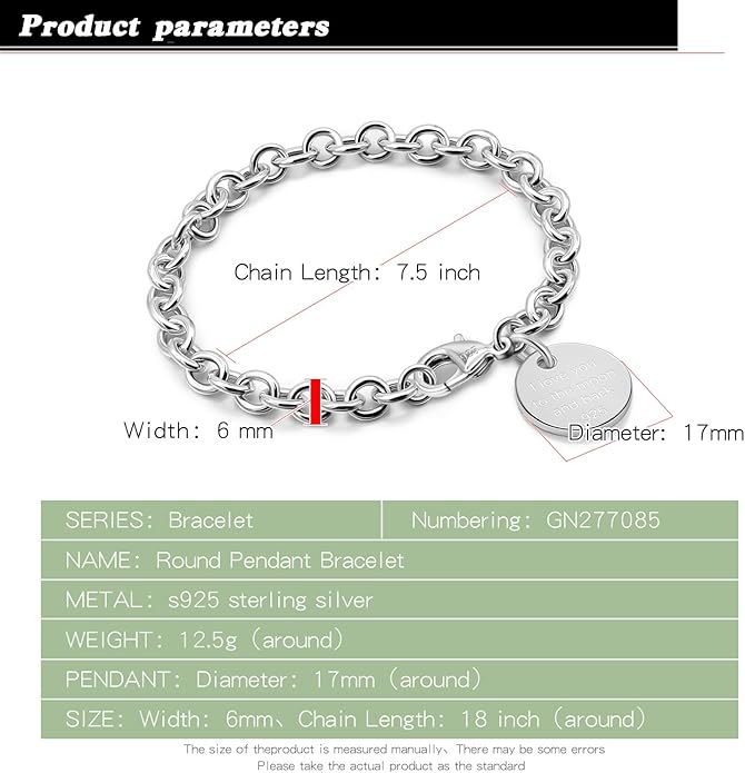 Dankadi Women 925 Sterling Silver Round Cable Wire Link Bracelet Charm Heart-Bell-Square-Circle Pendant Chain Bangle Fine Jewelry Gift For Wife Her