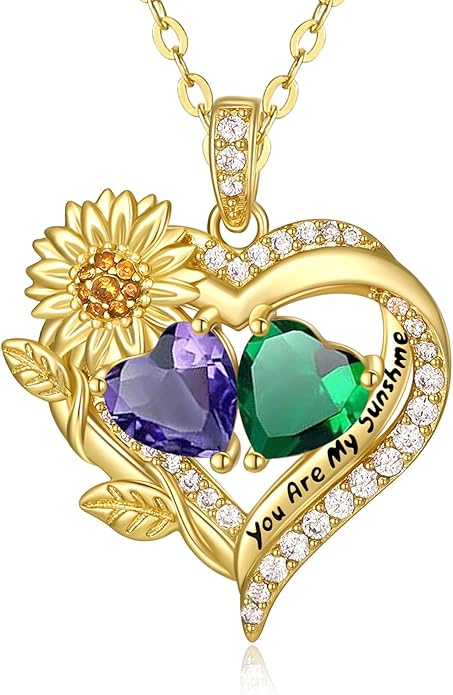 Sunflower Heart Necklace for Women 14K Gold Exquisite Valentines Day Anniversary Birthday Gifts for Wife Mother Her Double Birthstone Pendant Jewelry‘You Are My Sunshine’