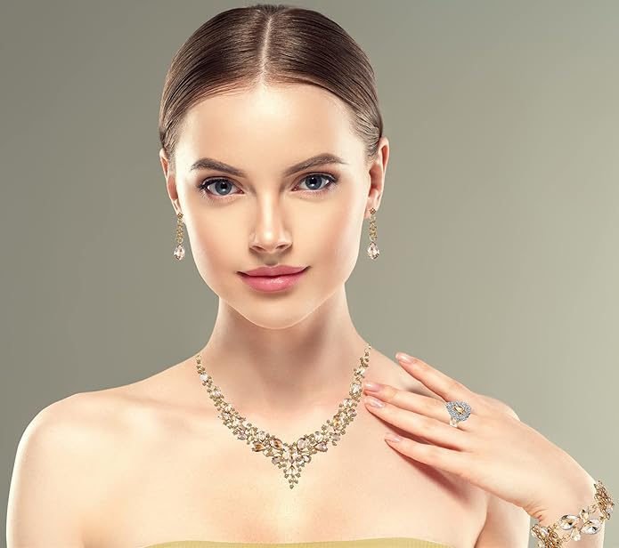 Crystal Bridal Wedding Jewelry Sets for Women Rhinestone Teardrop Crystal Statement Choker Necklace Drop Earrings Link Bracelets Rings Teardrop Jewelry Set for Brides Bridesmaids