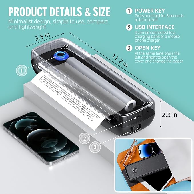 Aixiqee Portable Wireless for Travel - High Resolution Inkless Thermal Printer, 4200mAh Battery, Bluetooth & USB Compatible (A4, A5, 2/3/4", Letter, Legal) - Mini Printer for Stickers & Labels
