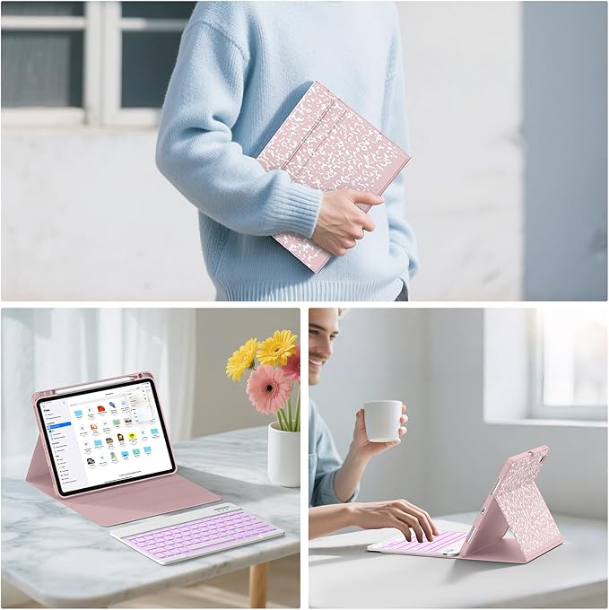 Supveco Keyboard Case for iPad Air 11 Inch (M3 2025,M2 2024),iPad Air 5th/4th Generation with Pencil Holder-7 Colors Backlit Wireless Detachable Folio Keyboard Cover with Soft TPU Back-Pink