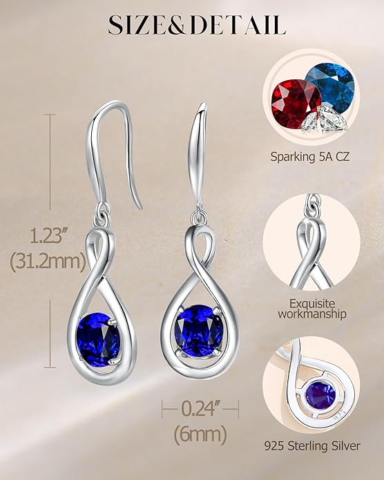 FANCIME Valentines Day Gift Dangle Drop Earrings 925 Sterling Silver Dainty Infinity Round Gemstone Birthstone Jewelry Birthday Gifts for Her Women