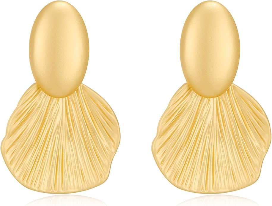 Gold Plated Earrings Dangle Chunky Fan-shaped Earrings Shell Earring for Women Two-Tone Fashion Statement Jewelry