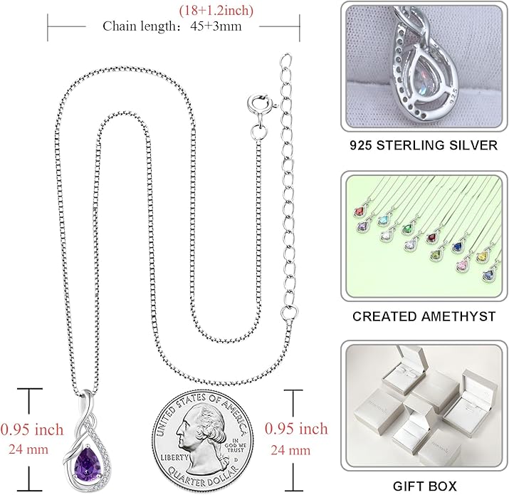 STARCHENIE 925 Sterling Silver Necklace Dangle Earrings for Women Infinity Twisted Teardrop Pendant February Birthstone Created Amethyst Jewelry Set