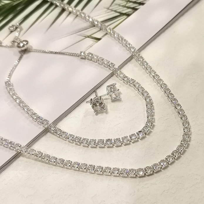 Tennis Necklace Bracelet for Women, Dainty Sterling Sliver Choker Necklace Crystal Link Bracelet Stud Earrings for Women Wedding Jewelry for Bride Jewelry Set Accessories