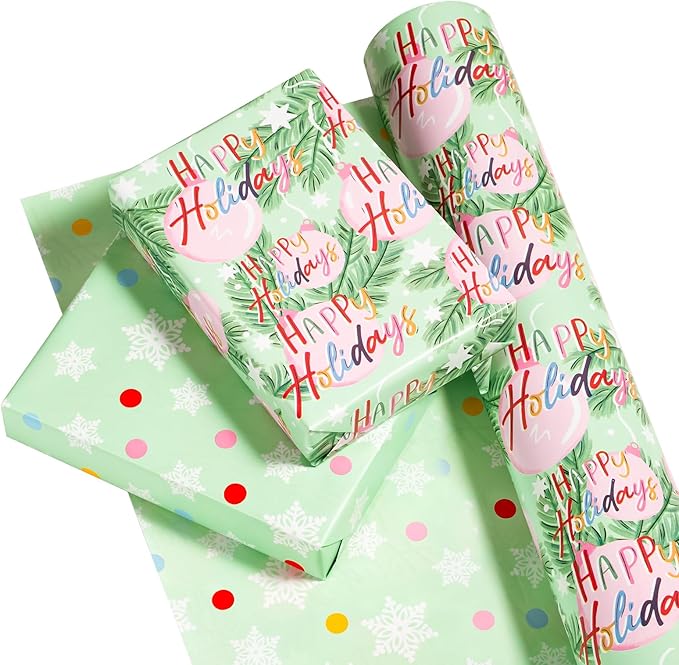 WRAPAHOLIC 30 Inch Jumbo Reversible Christmas Wrapping Paper - 30 Inch x 33 Feet - Happy Holiday Lettering with Christmas Ball Design for Holiday, Party Celebration