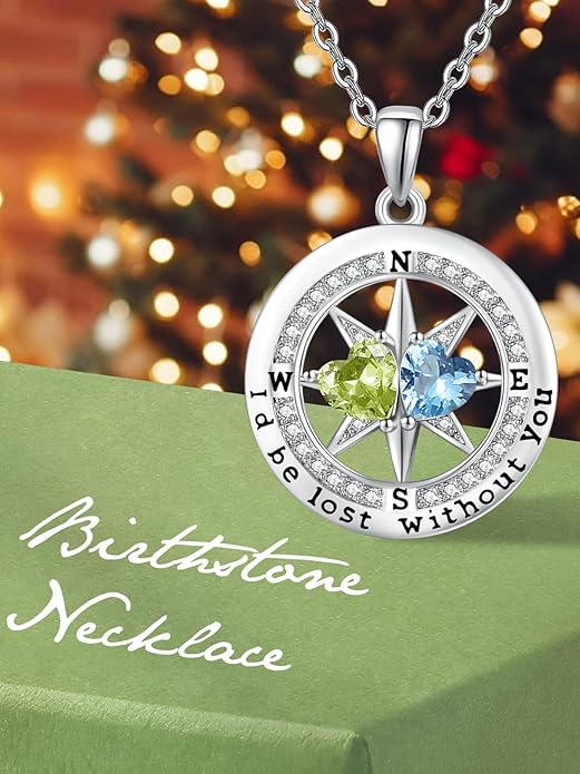 Compass Necklace for Women, Exquisite S925 Valentines Day Anniversary Birthday Gifts for Wife Her Double Birthstone Pendant Jewelry ‘I'd be Lost Without You’