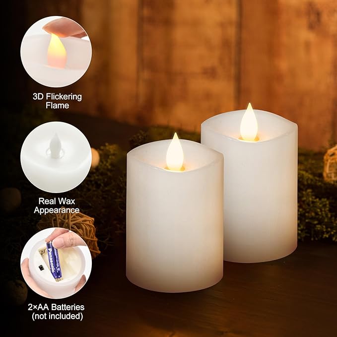 3x4 Flickering Flameless Candles Set of 2,Real Wax LED Battery Operated Candles,with Timer,4 inch Flameless Candles with Remote,for Holiday Home Decor,White