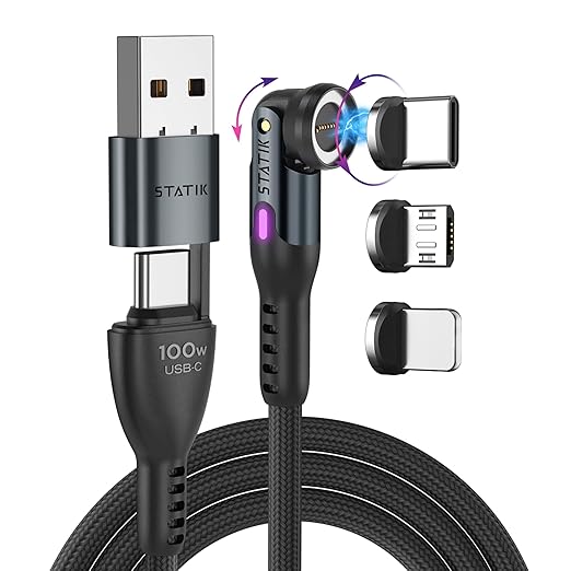 Statik 360 Pro Magnetic Charging Cable - Type C Charger Fast Charging 3 in 1 USB C to USB C Cable, Micro USB & iProduct Tips, USB A Adapter, Fits All Devices - 100W Fast Charger, Black 3FT/1M