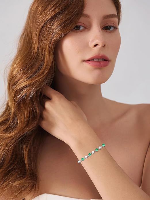 Birthstone Charm Link Bracelet 925 Sterling Silver Rose/Heart/Mom Bracelet with 12 Months Birthstone Mother's Day Gift Jewelry Gifts for Women,Chain Length 7"+2" Extend