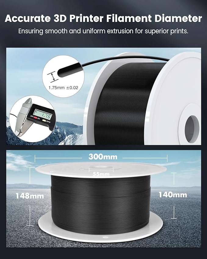 SUNLU Large Spool 5KG PETG Filament, 3D Printer Filament PETG 1.75mm, Less Stringing Good Layer Adhesion High Toughness, Big Roll Filament, 5kg Spool(11 lbs), Black