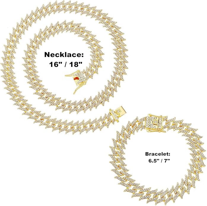 HH BLING EMPIRE 14k Gold/Silver Cuban Link Chain for Women Iced Out Diamond Chunky Cuban Link Necklace Chain Bracelet 2pcs Sets