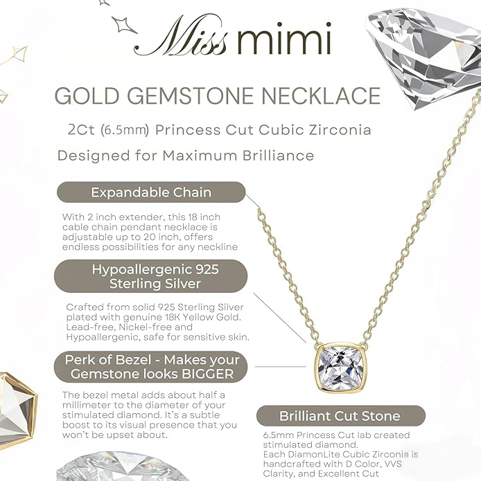 MISS MIMI Solitaire Cubic Zirconia Necklace for Women, 1–3 CT Round,Heart,Princess Cut CZ Options, Bezel or Prong Set in 925 Sterling Silver, Adjustable 16–20" Minimalist Everyday Jewelry