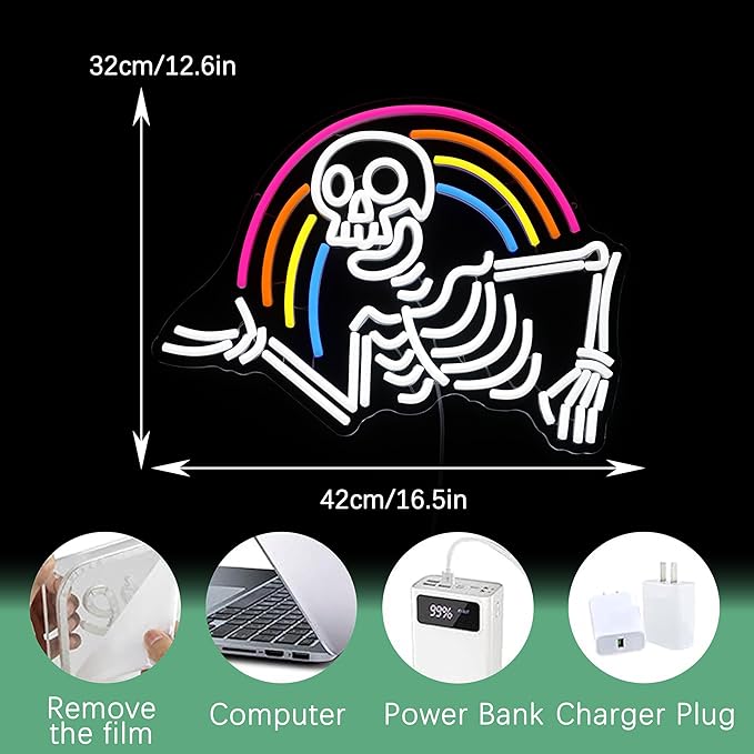 Rainbow Skeleton Halloween Neon Sign Welcoming Skull Led Neon Light Colorful Rainbow Light Up Sign for Halloween Party Christmas Bedroom Man Cave Game Room(16.5 * 12.5in)