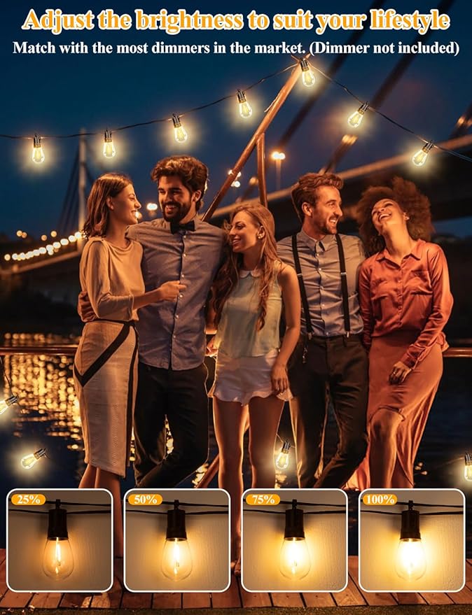 Brightever LED Outdoor String Lights 36FT, Patio Lights Outdoor Waterproof with 13 Shatterproof S14 Vintage Edison Bulbs(1 Spare), Dimmable Outside Lights for House, Garden, Deck, Balcony, Camping