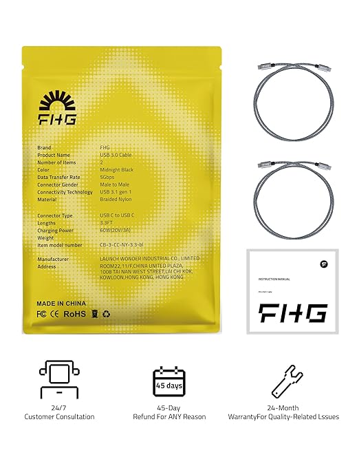 FHG USB C to USB C Cable 3.3FT 2Pack, PD 60W/3A USB C to USB C Fast Charging Cable from 20% to 90% in 30mins, 5Gbps USBC Data Cable, Nylon Braided Compatible for Samsung Galaxy S23/iPhone 15