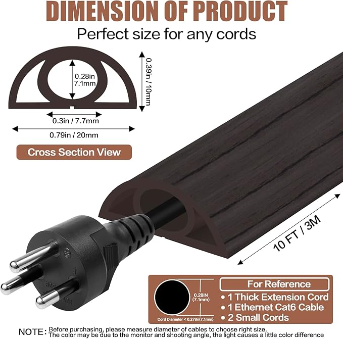 Floor Cord Cover Self Adhesive Cord Hider,10FT Cable Management, Extension Strip Protector for Wires, Prevent Cable Trips for Offices, Gyms, Exhibitions Cavity:0.3"(W) x 0.28"(H) Black Wood