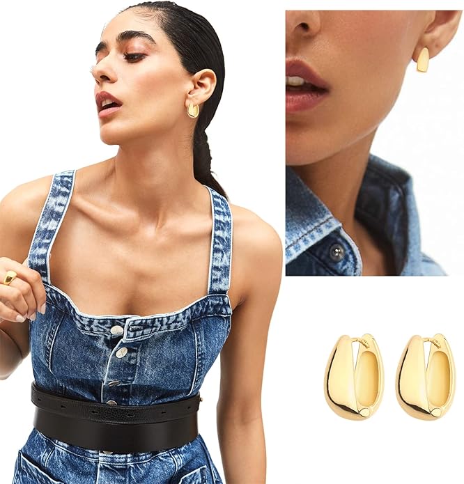 Wgoud Chunky Hoop Earrings Set 14K Gold Plated Hoop Earrings for Women Hypoallergenic, Thick Twisted Huggie Hoops Earring Set
