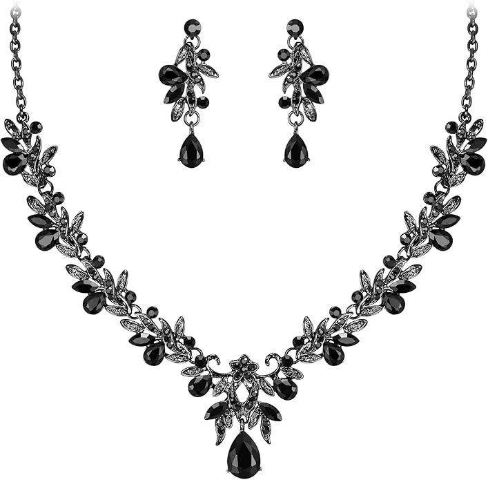 BriLove Women's Wedding Jewelery Set Leaf Flower Crystal Teardrop Marquise Cluster Pendant Necklace Dangle Earrings for Bridal Party