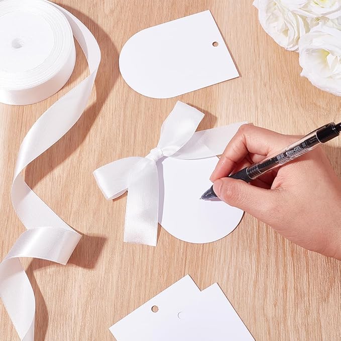 WADORN 100 Pack Wedding Place Cards with Bow Ribbon, DIY Wedding Placecards Sets with 3.5x2.7 Inch Blank Writable Arch Name Table Cards and 25 Yards Ribbon for Weddings Thank You Party Supplies
