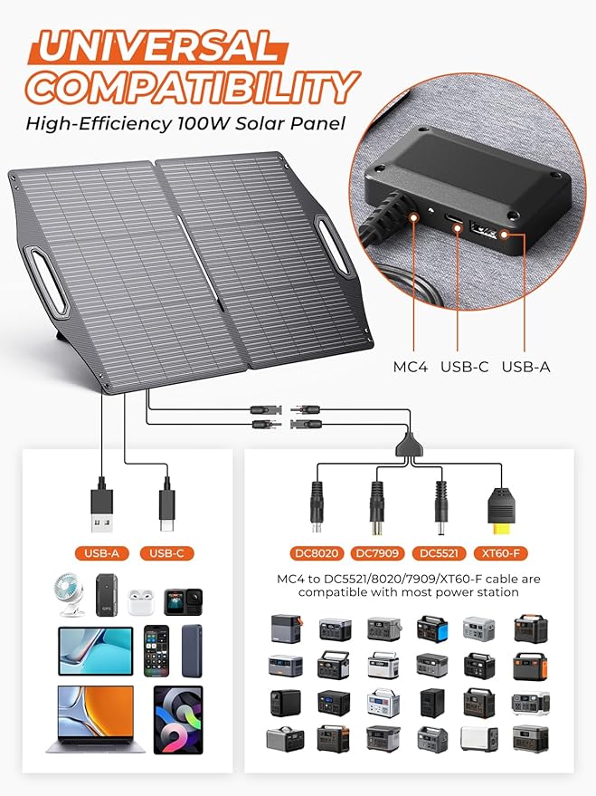 BigBlue 100W Solar Panel w/USB-C(45W PD)+USB-A(Fast Charging 18W) & MC-4 Ports, IP68 Waterproof, Camping Essentials, Folding Portable Solar Charger w/Kickstand for Power Stations, Phones, Tablets