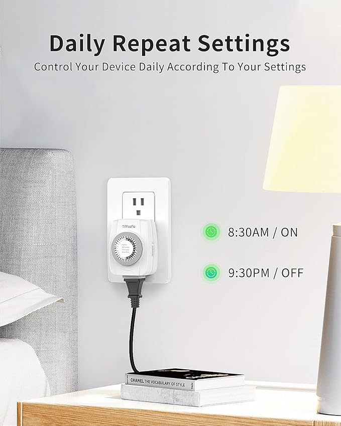 TiFFCOFiO Indoor Mechanical Outlet Timer, 3 Prong Timers for Electrical Outlets, 24-Hour Programmable Plug in Christmas Light Timer, ETL Listed (2 Pack)