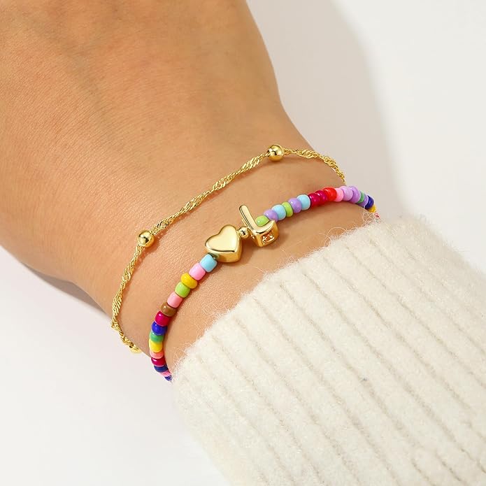 Ursteel Valentines Day Gifts for Kids Teen Girls - 14K Gold Plated Beaded Letter A-Z Bracelet, Layered Stretch Initial Bracelets, Women Trendy Bohemian Jewelry Birthday Gifts