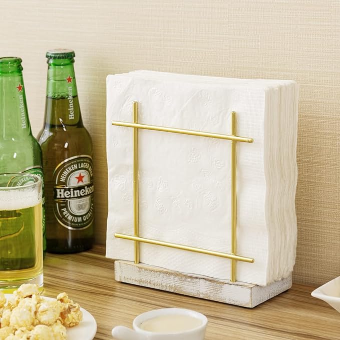 MyGift Metal Napkin Holder with Shabby Whitewashed Solid Wood Base, Dining Table Square Napkin and Cocktail Serviette Dispenser Rack, Kitchen and Dining Accessories