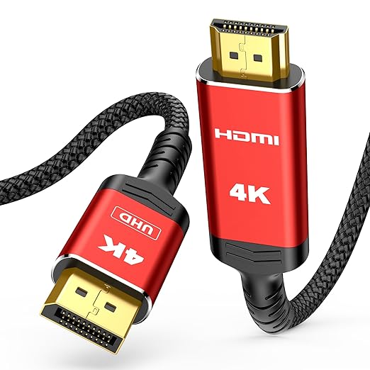 Highwings 4K DisplayPort to HDMI, 10ft Uni-Directional DP (Source) to HDMI (Display) 1.4 Cable, 4K@30Hz, 2K@60Hz, 1080P Full HD, Braided Cord for Dell, NVIDIA, AMD, Monitor, Projector (Red)