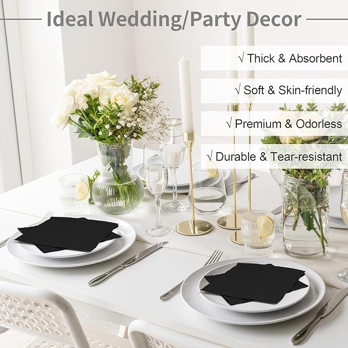100 Pack Cocktail Napkins Disposable, 2-Ply 5" x 5" Party Napkins, Square Beverage Dinner Napkin for Wedding Birthday Party Anniversary Reception Bar Event (Black)