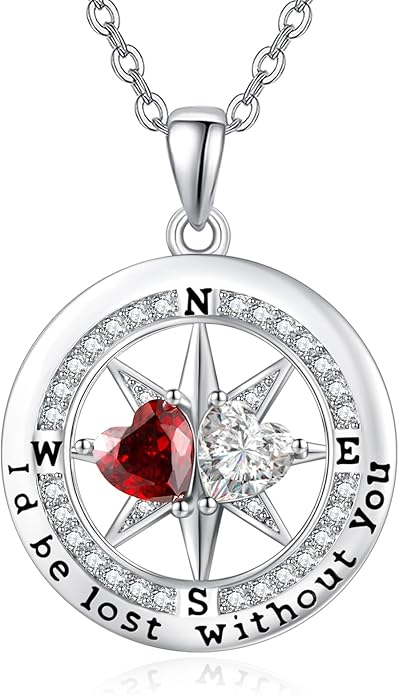 Compass Necklace for Women, Exquisite S925 Valentines Day Anniversary Birthday Gifts for Wife Her Double Birthstone Pendant Jewelry ‘I'd be Lost Without You’