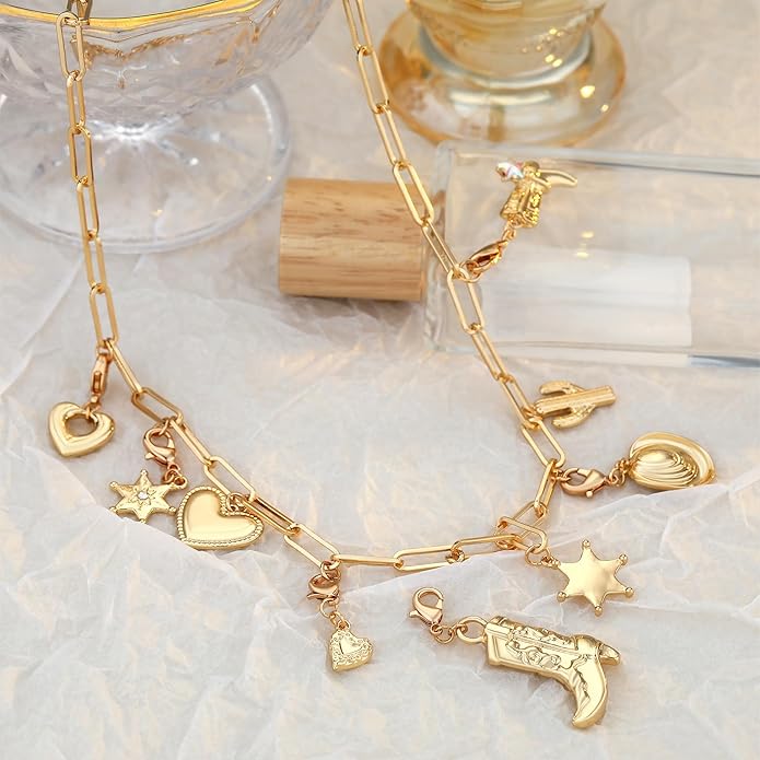 MISS RIGHT Dainty Gold Evil Eye Hamsa Hand Coin Lucky Charm Pendant Necklace for Women Trendy Vintage Paperclip Chain Sun Moon Clover Flower Chunky Charm Necklace Jewelry Gifts