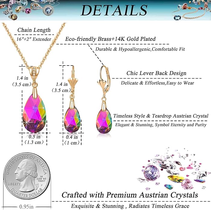 EVEVIC Austrian Crystals Teardrop Pendant Necklace Earrings for Women 14K Gold Plated Hypoallergenic Leverback Drop Dangle Earrings Jewelry Set