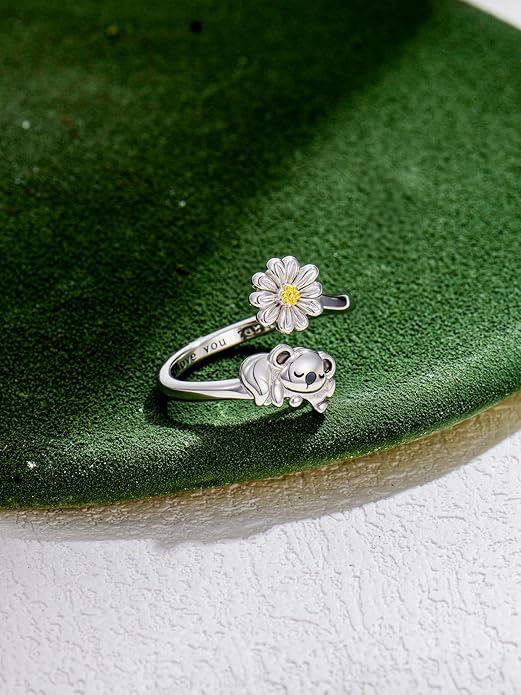 Animal Open Ring 925 Sterling Silver Koala/Panda/Highland Cow/Elephant Adjustable Ring Cute Animal Daisy Jewelry Gifts for Women