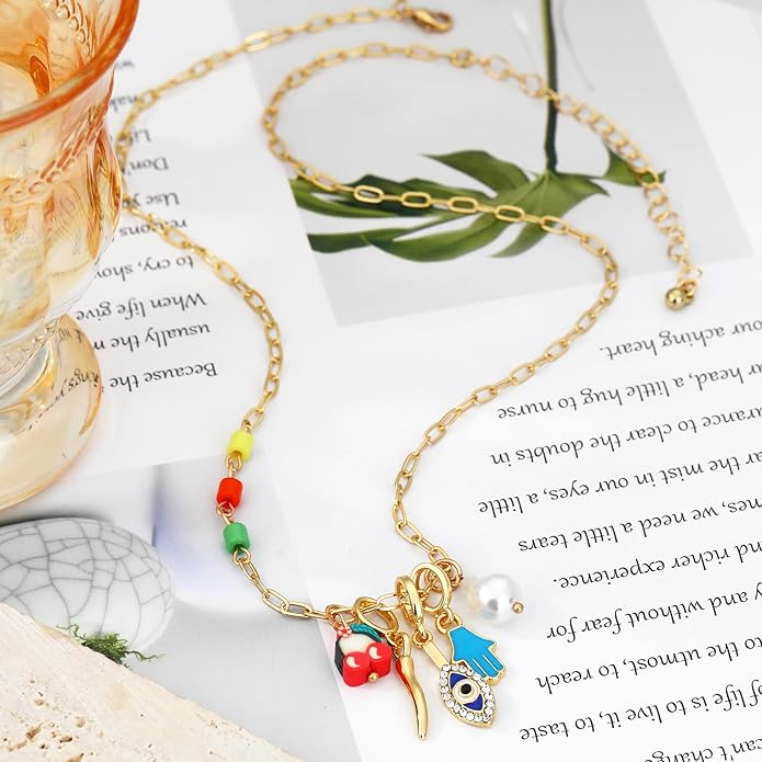 Charm Necklace for Women Gold Evil Eye Sun Moon Flower Coin Pendant Necklace Dainty Paperclip Chain Vintage Luck Amulet Choker Necklaces Celestial Jewelry Gift