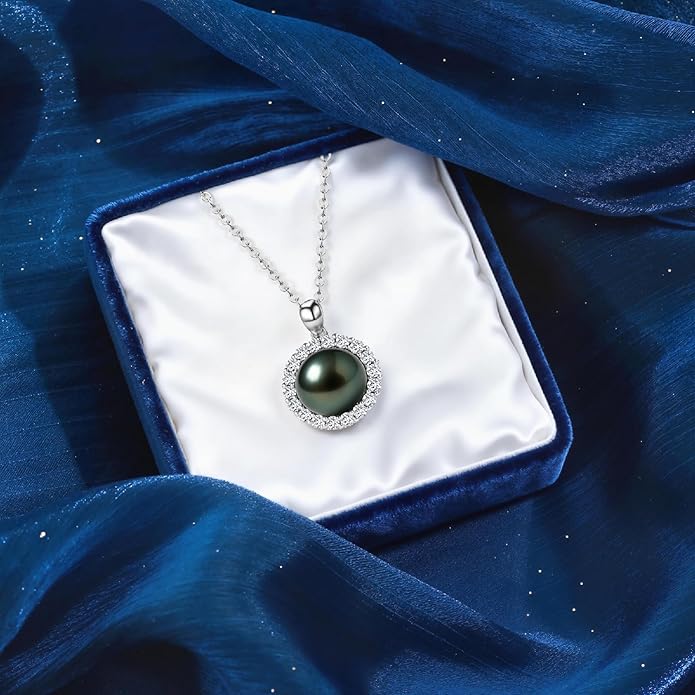 Genuine Tahitian Black Pearl Necklaces for Women, 9-12mm AAAA Seawater Pearl - Sterling Silver Moissanite Pendant, Wedding Anniversary, Birthday, Christmas Gift for Wife, Mom, Girlfriend, Fine Jewelry