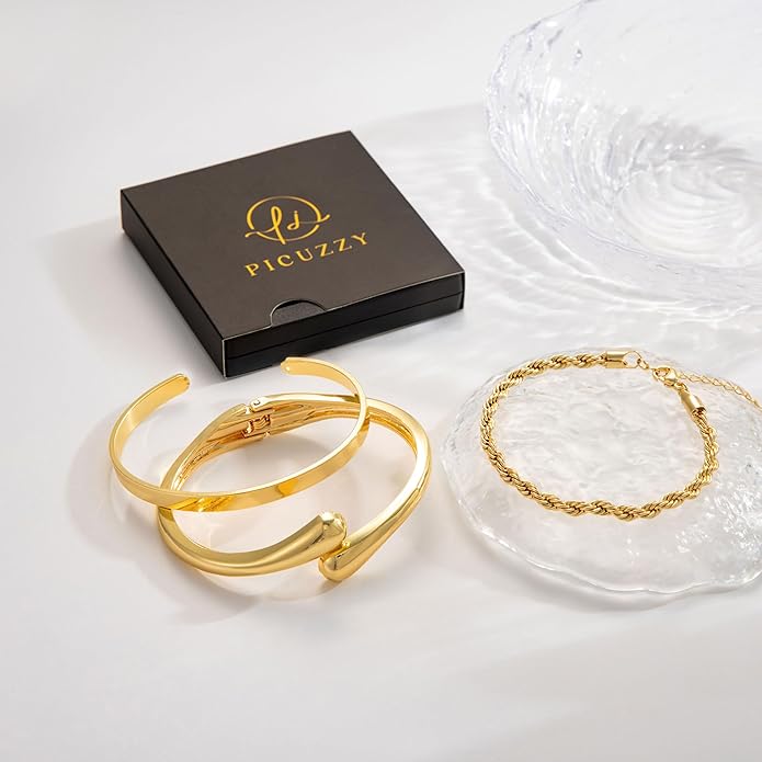 Gold Bangle Bracelets for Women, Non Tarnish Dainty 14K Gold Plated Cuff Bracelets Stackable for Women,Waterproof Bracelet Stack Gold Jewelry Gifts Trendy Adjustable Accessories
