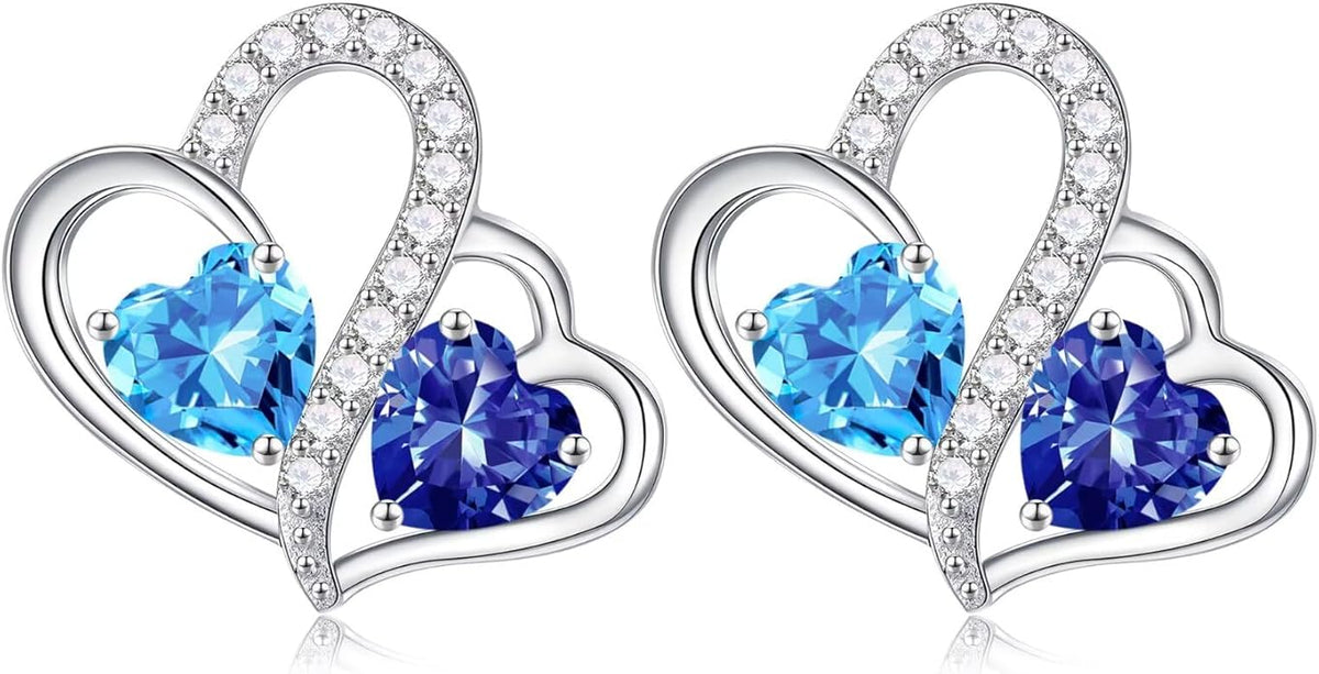 Iefil Valentines Day Gifts for Her - Birthstone Earrings Gift for Women, 925 Sterling Silver Double Heart Birthstone Earrings | Anniversary Birthday Gifts for Women, Personalized Jewelry for Wife Mom
