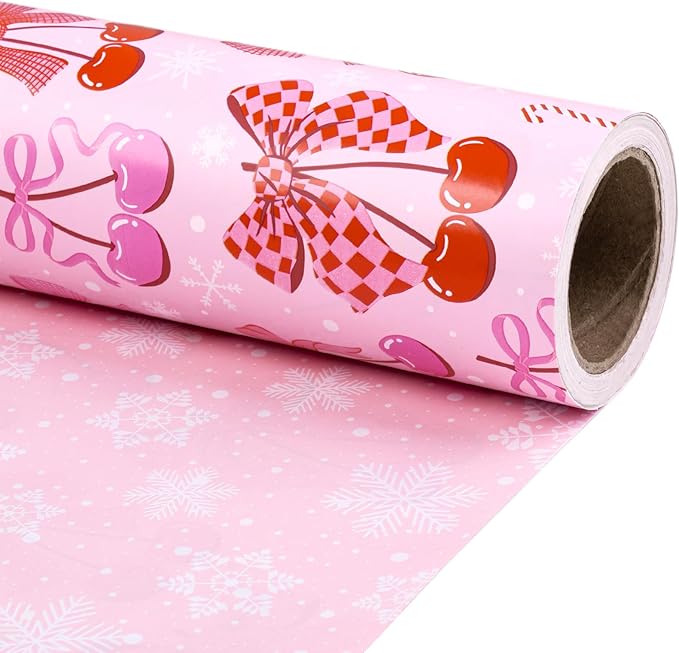 RUSPEPA 30" X 32.8' Reversible Christmas Bow Wrapping Large Paper Roll, Jumbo Roll, Pink Romantic Cherry Bow and Candy Cane Design, White Snowflake Gift Wrap Paper for Girls, Women, Kids, Holiday Gift