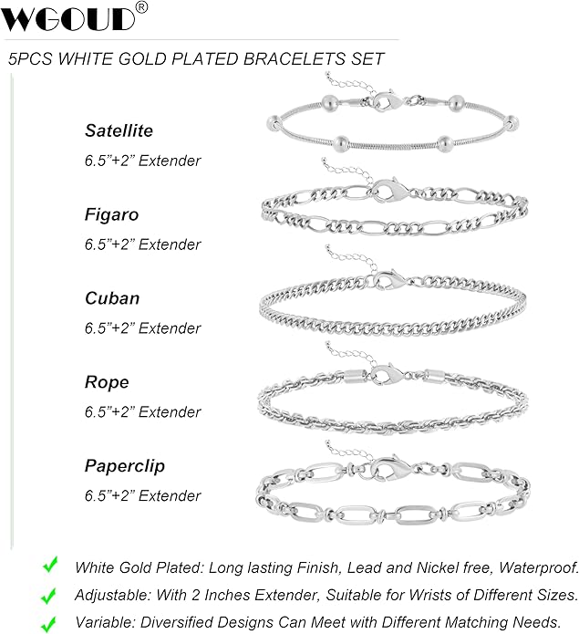 wgoud Dainty Gold Chain Bracelets, 14K Real Gold Plated Link Bracelets for Women, Trendy Stackable Bracelet Set, Waterproof Adjustable