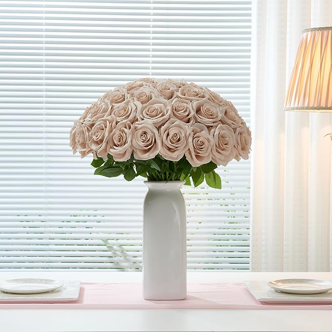 50Pcs Nude Roses Artificial Flowers Artificial Silk Roses Bulk,Fake Roses Flower with Stems Realistic Flowers for Wedding Centerpiece Home Party Decor
