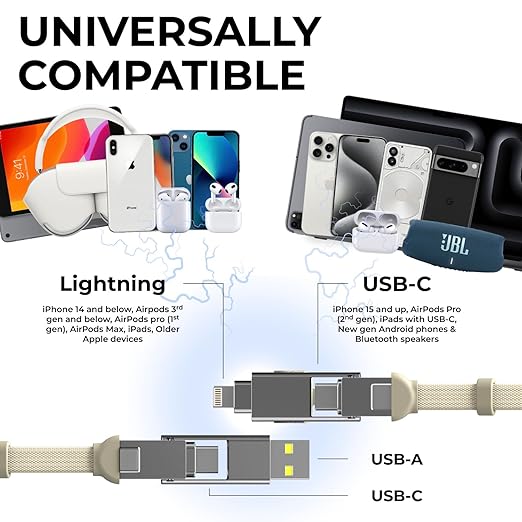 Rolling Square inCharge XS - 240W 4in1 Keyring Cable | Fast Charging & Data Transfer | Universal USB C/Lightning/USB Cable with Metal Housing | N52 Magnets | Eco-Friendly | Beige