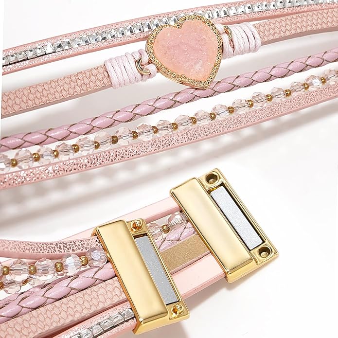 Suyi Multilayer Leather Wrap Bracelet Heart-Shape Wide Cuff Bracelets for Women