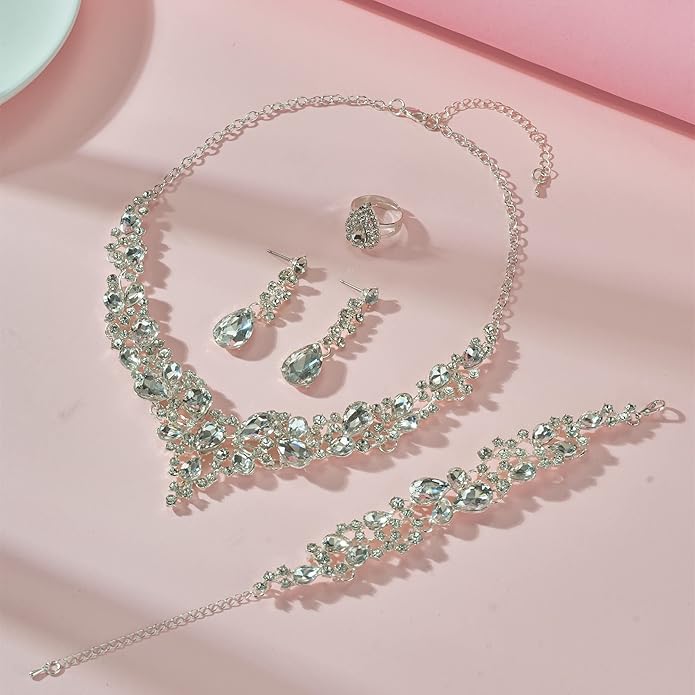 Crystal Bridal Wedding Jewelry Sets for Women Rhinestone Teardrop Crystal Statement Choker Necklace Drop Earrings Link Bracelets Rings Teardrop Jewelry Set for Brides Bridesmaids